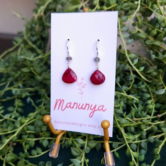 Ruby Dangle Earrings - Semi-Precious Ruby, Labradorite & Carnelian - Picture 3 of 10